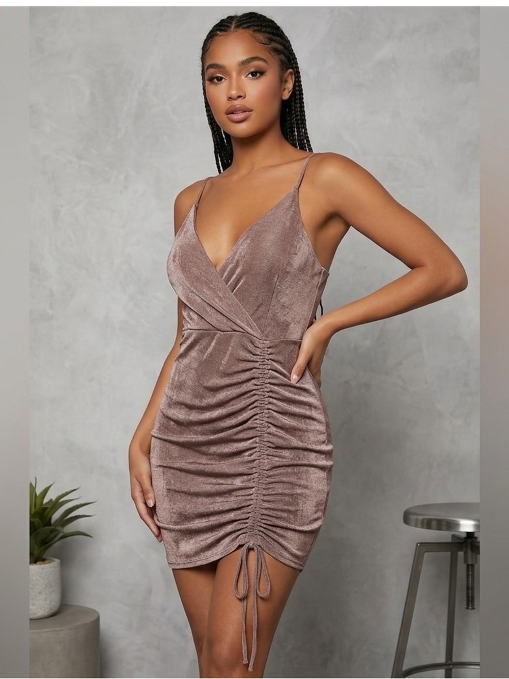 Fashion Nova Tan Ruched Mini Dress